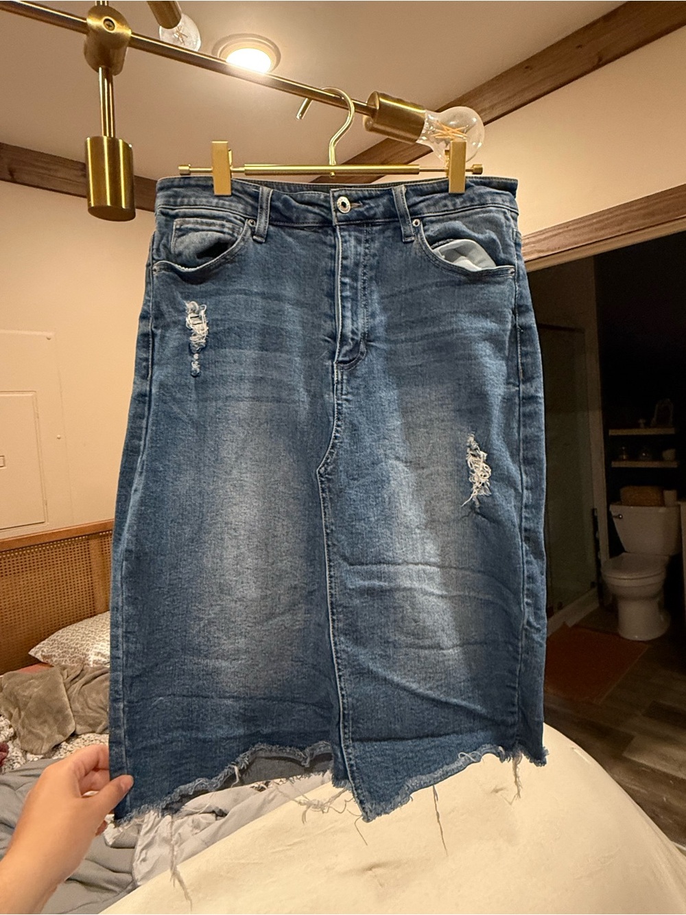 Black Label Distressed Blue Denim Midi Skirt